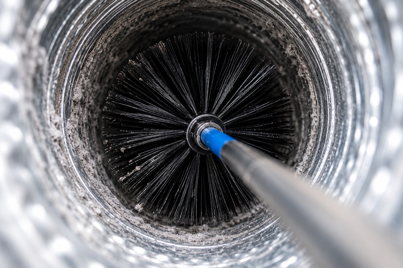 A rotating brush head cleaning the inside of a metal dryer duct
