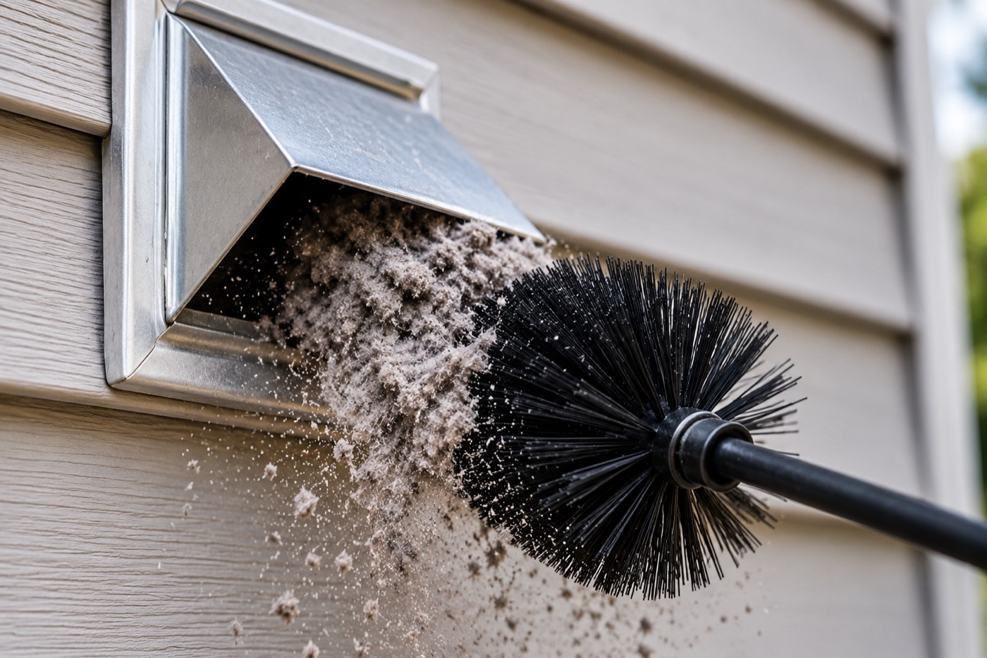 A rotating brush pulling built-up lint out of an exterior dryer vent