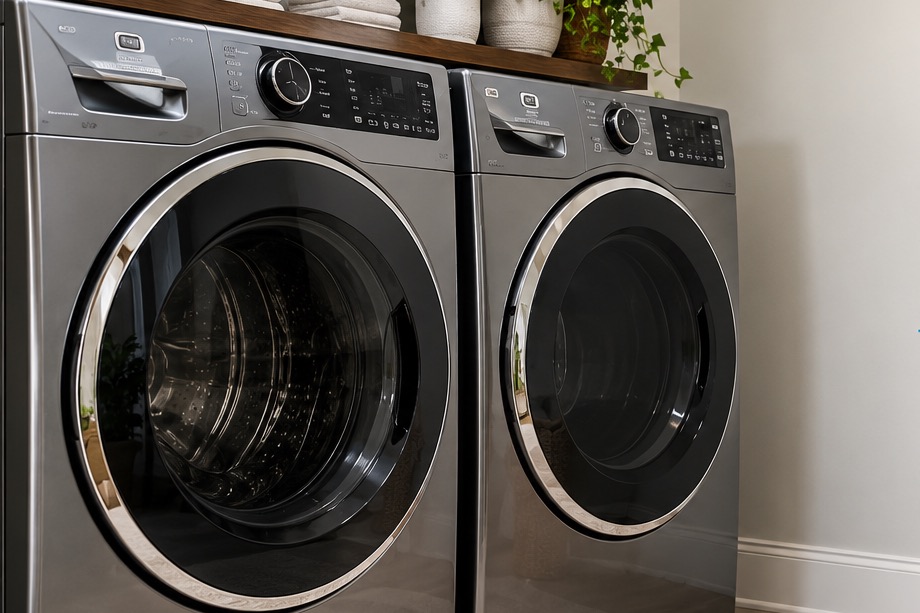 A clean, modern laundry room with a washer and dryer